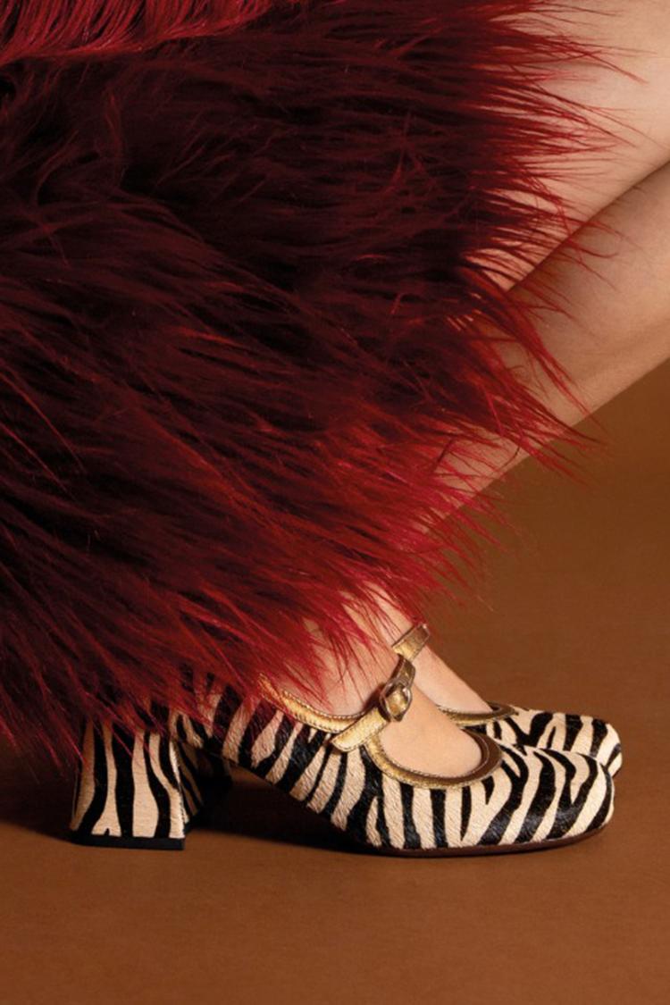 Zebra Print Instep Strap Buckle Round Toe Beige Chunky Heels [Pre Order]