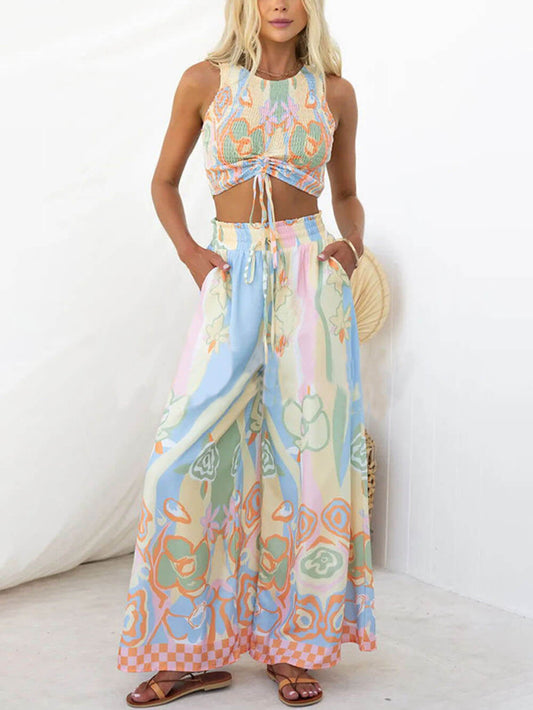 Floral Print Smocked Adjustable Tank Top Drawstring  Wide Leg Pants Set