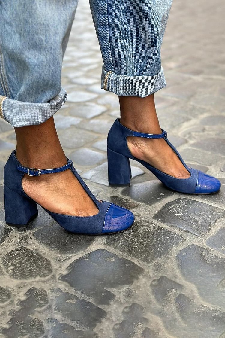 Scarpe con tacco spesso blu navy con punta rotonda e cinturino a T patchwork [Pre-ordine] 