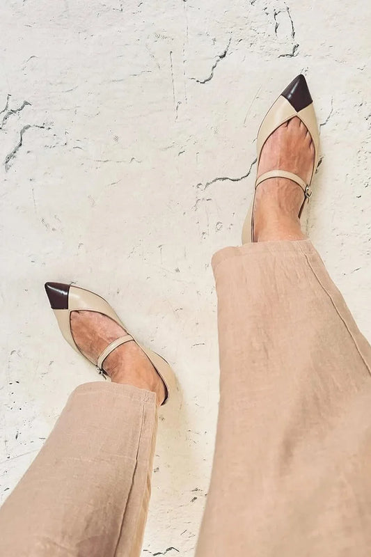 Colorblock Pointed Toe Instep Strap Buckle Khaki Flats [Pre Order]