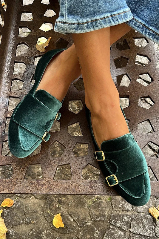 Strap Buckles Patchwork Stitch Detail Plain Green Flats