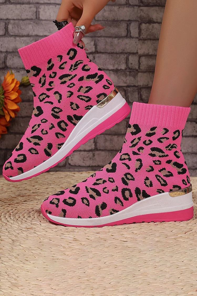 Knit Leopard Pattern Round Toe Wedge Heel Ankle Boots