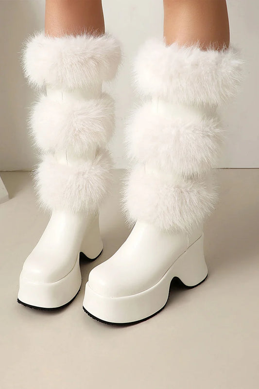 Solid Color Fluffy Trim Round Toe Chunky Heel Platform Mid Calf Boots