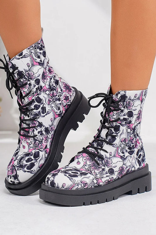 Flower Skull Print Round Toe Casual Lace Up Ankle Boots