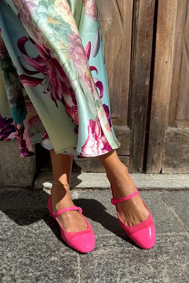 Instep Strap Buckle Patchwork Round Toe Fuchsia Flats [Pre Order]