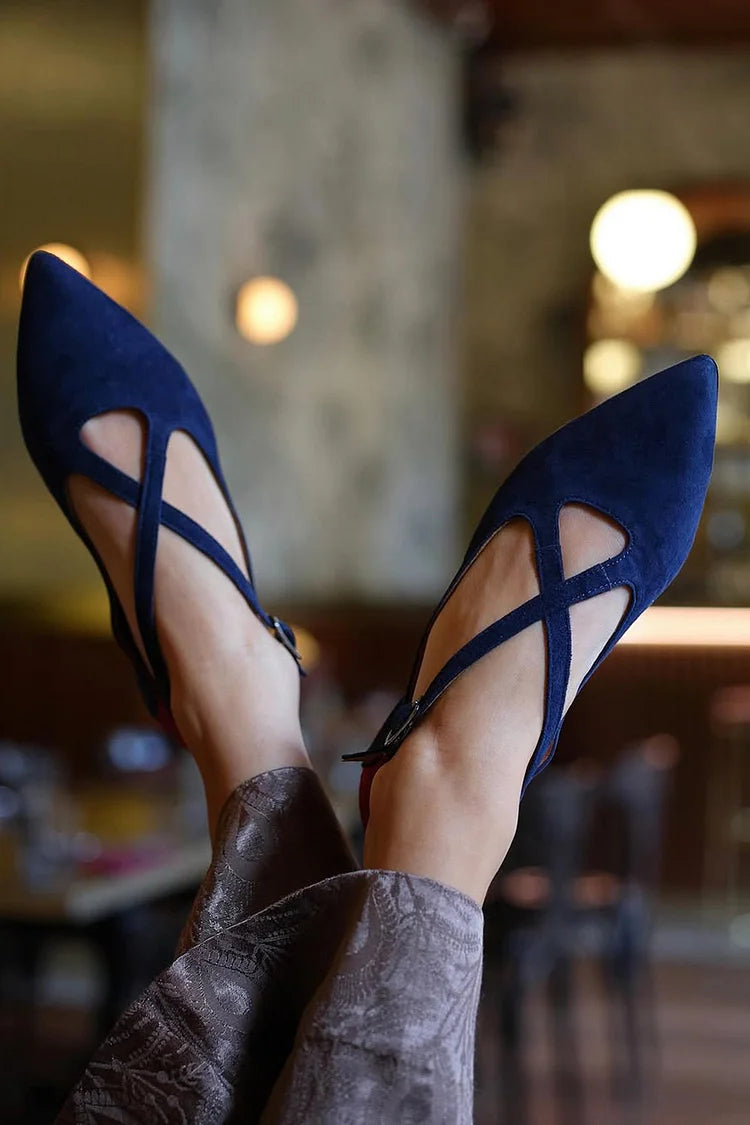 Colorblock Crossover Strap Buckle Pointed Toe Navy Flats [Pre Order]