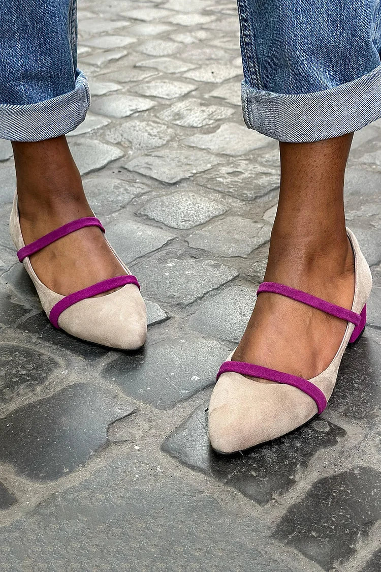 Scarpe col tacco basso beige con punta affilata e cinturini color block [Pre-ordine] 