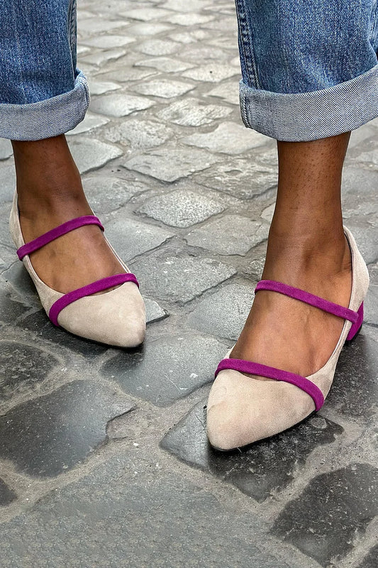 Scarpe col tacco basso beige con punta affilata e cinturini color block [Pre-ordine] 