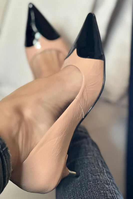Pointed Toe Colorblock Elegant Nude Kitten Heels [Pre Order]
