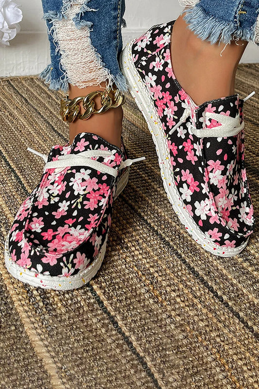 Colorblock Floral Print Round Toe Lace Up Canvas Sneakers