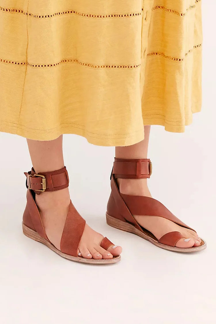 Solid Color Ankle Strap Buckle Toe Ring Brown Sandals [Pre Order]
