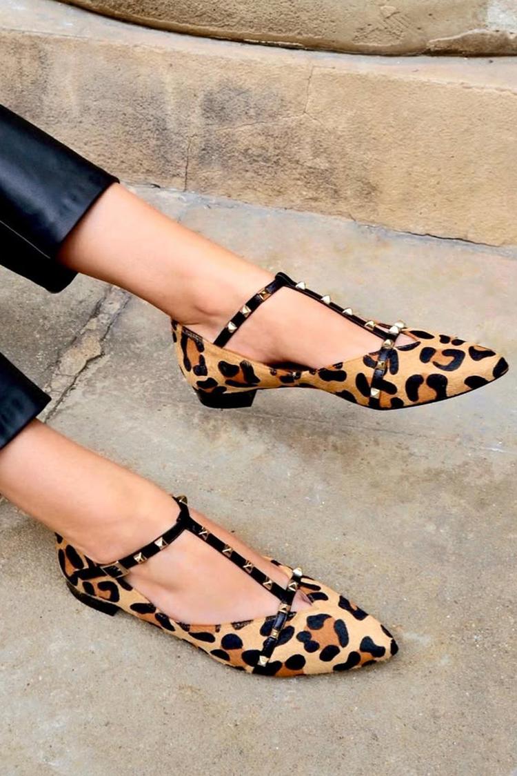 Metal Rivets T-Strap Buckle Leopard Print Pointed Toe Flats [Pre Order]