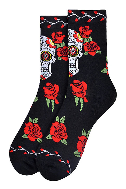 Calcetines de media pantorrilla con estampado de calavera y esqueleto de rosas para Halloween 