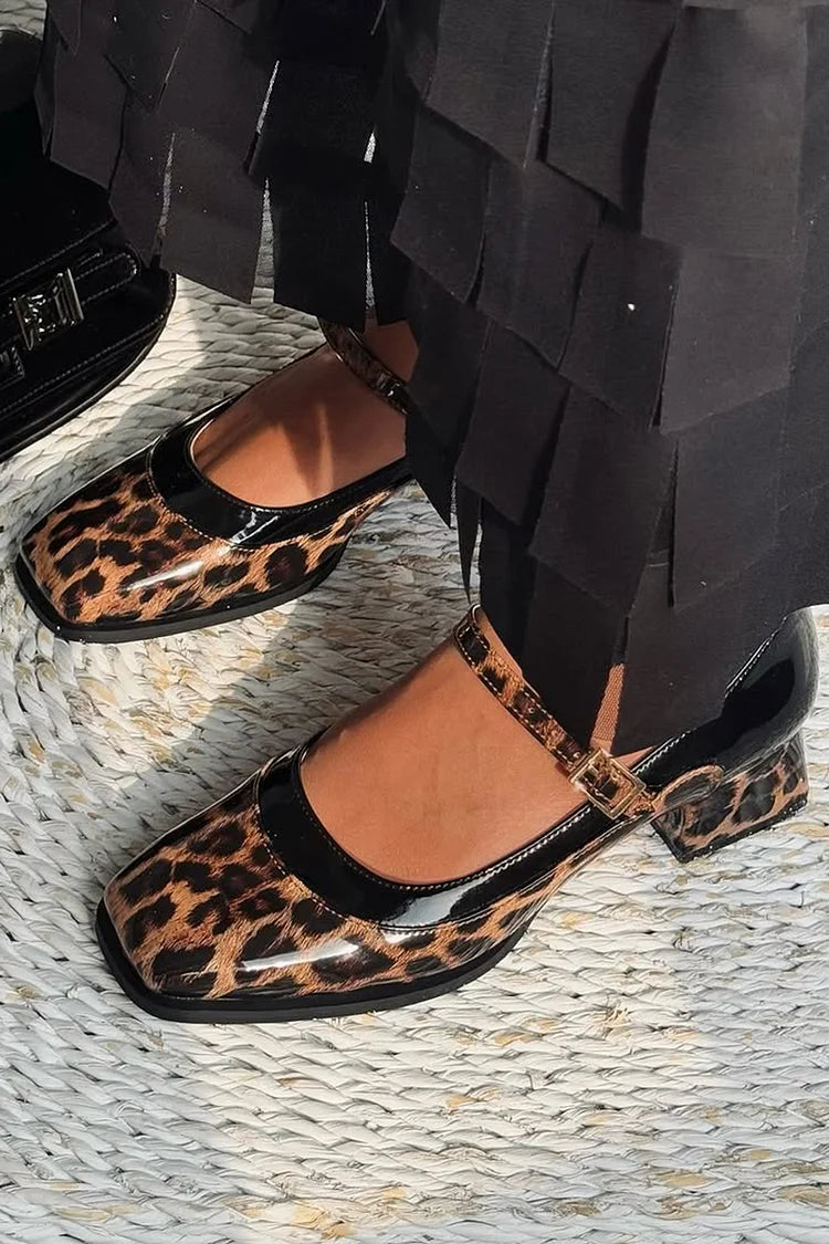 Scarpe con tacco grosso marroni a punta quadrata con stampa leopardata [Pre-ordine]