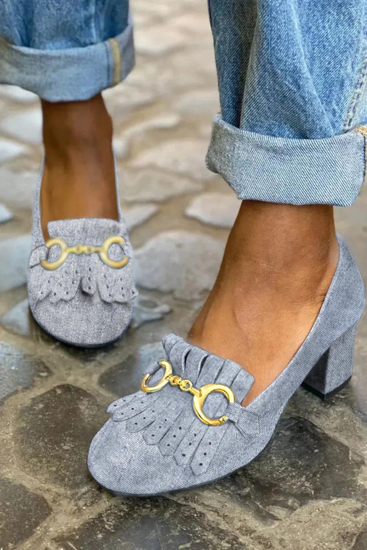 Fringed Trim Metallic Buckle Decor Blue Chunky Heels