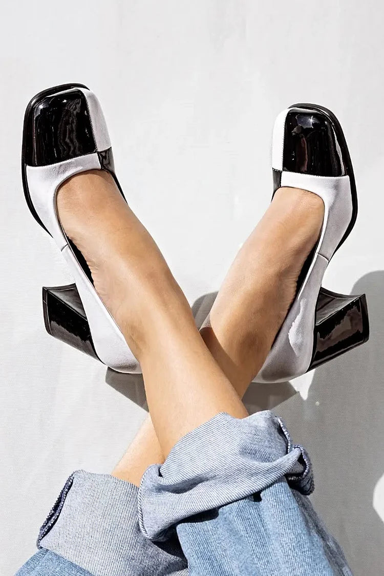 Colorblock Square Toe Slip On Black Chunky Heels [Pre Order]