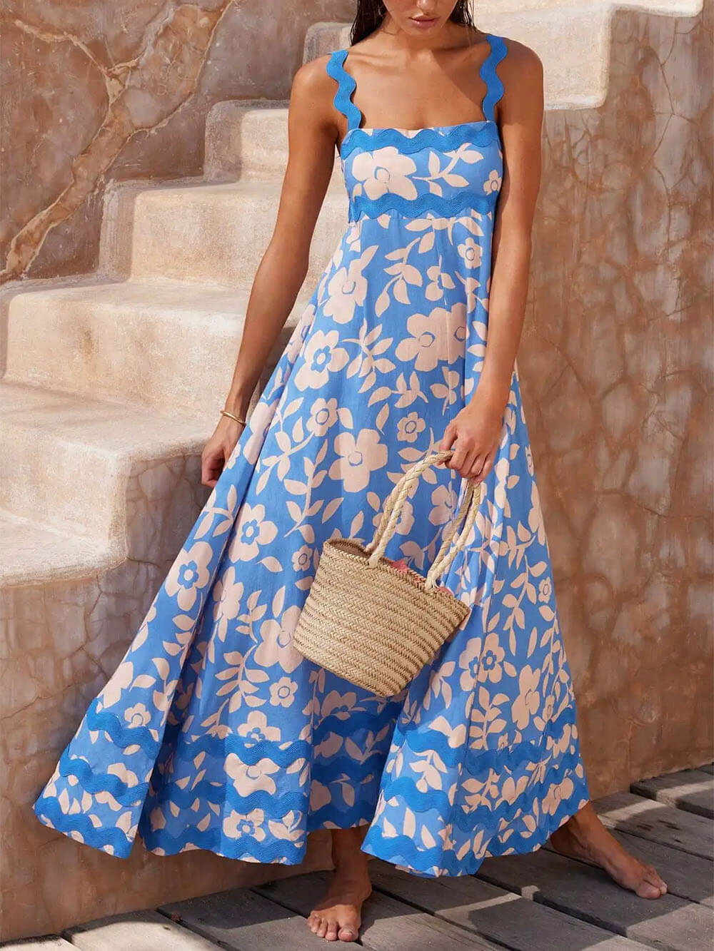 Printed Square Neck Strap Maxi Dress