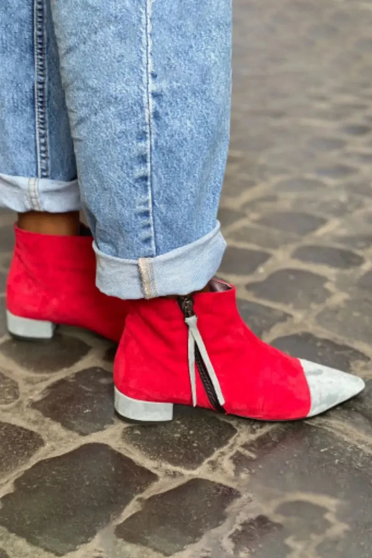 Colorblock Pointed Toe Zipper Chunky Heel Red Ankle Boots [Pre Order]