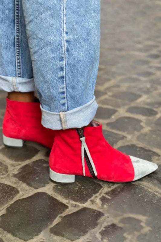 Colorblock Pointed Toe Zipper Chunky Heel Red Ankle Boots [Pre Order]