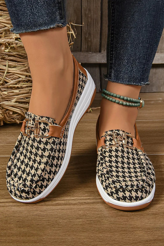 Houndstooth Padrão Decoração de fivela metálica Mocassins redondos