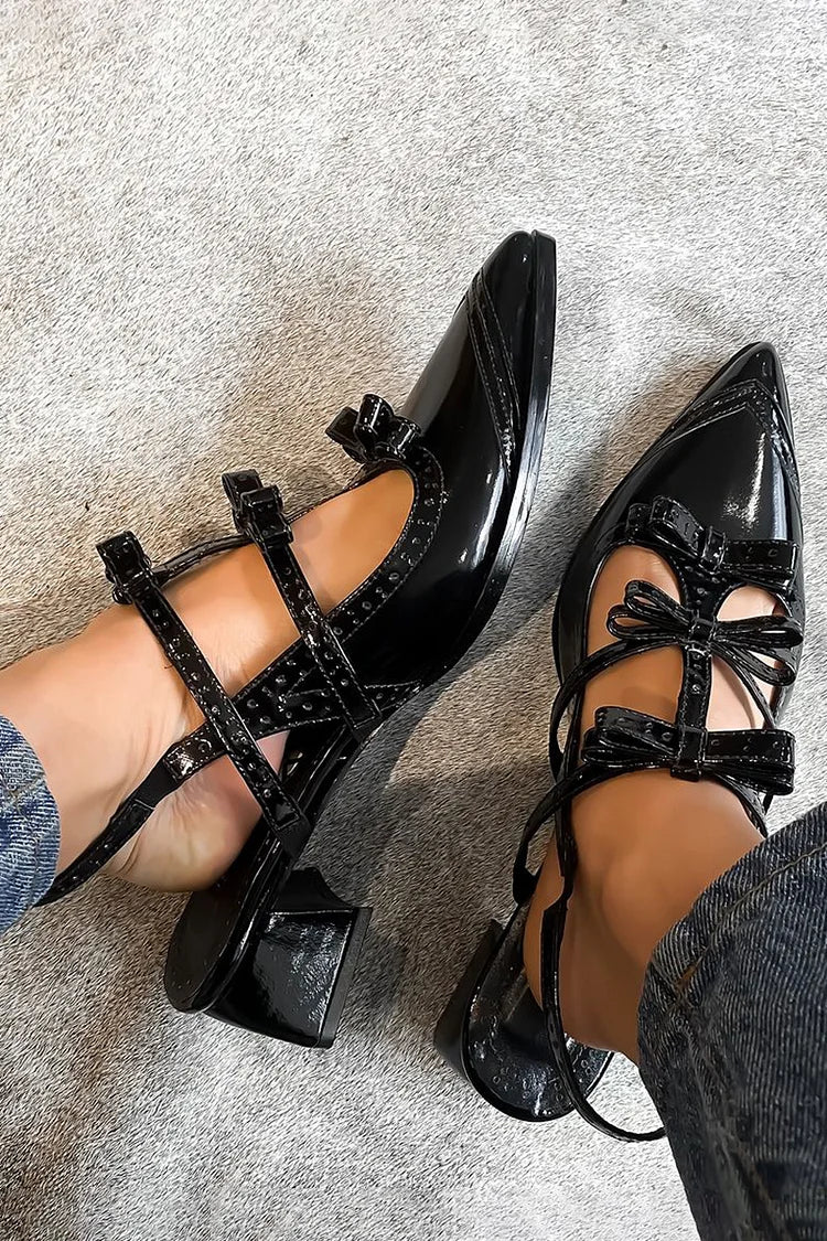 Bow Decor Pointed Toe Slingback Black Chunky Heels [Pre Order]