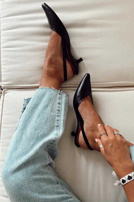 Pointed Toe Solid Color Slingback Black Kitten Heels [Pre Order]