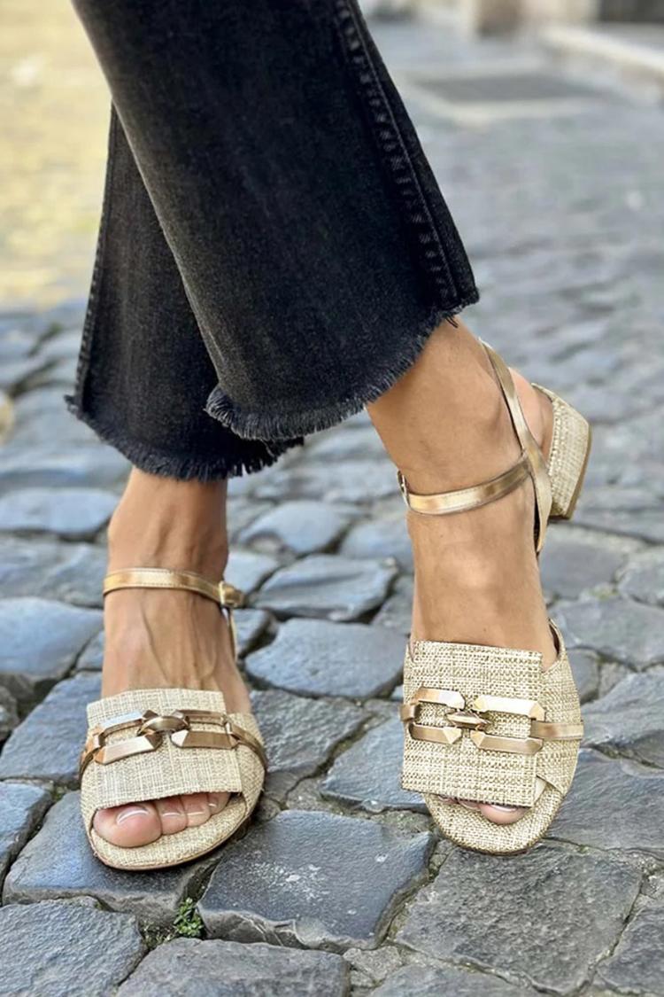 Metal Decor Open Toe Slingback Khaki Chunky Heels [Pre Order]