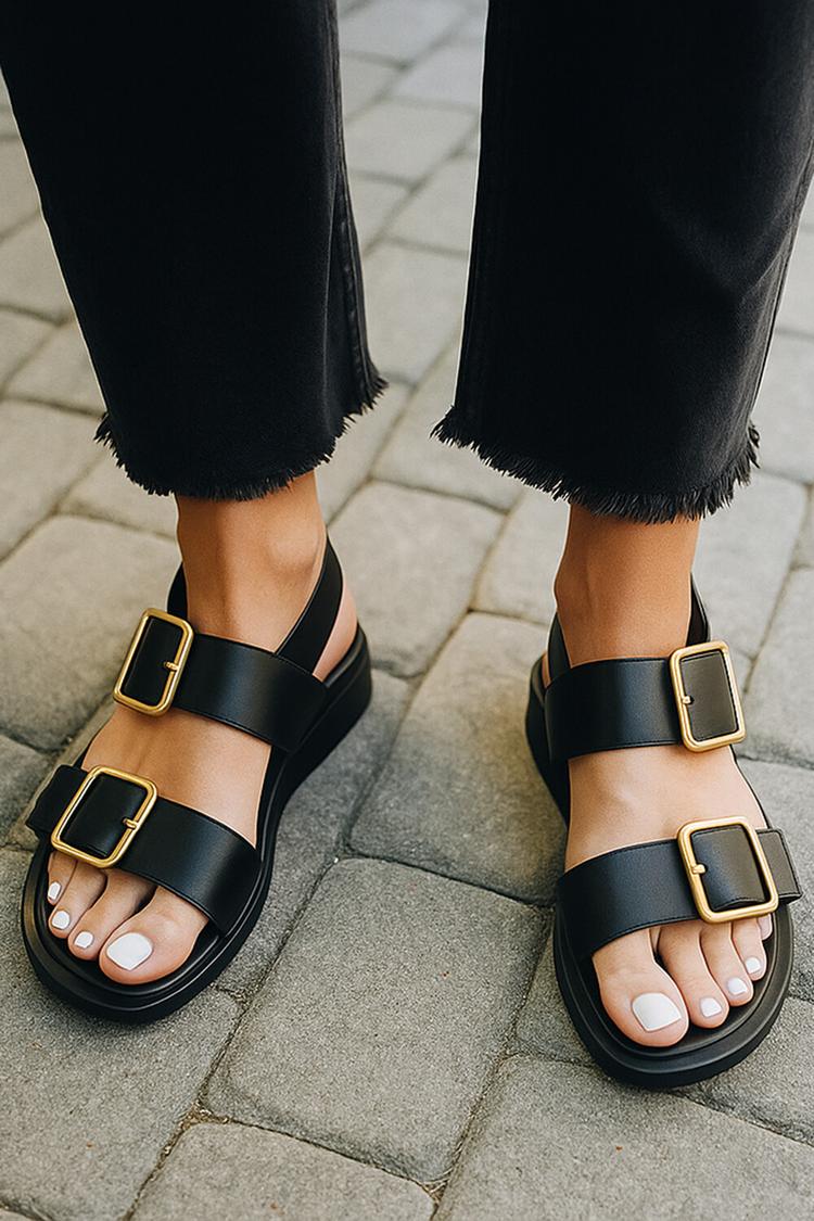 Sandali neri con punta tonda, due cinturini e fibbie in tinta unita [Pre-ordine]