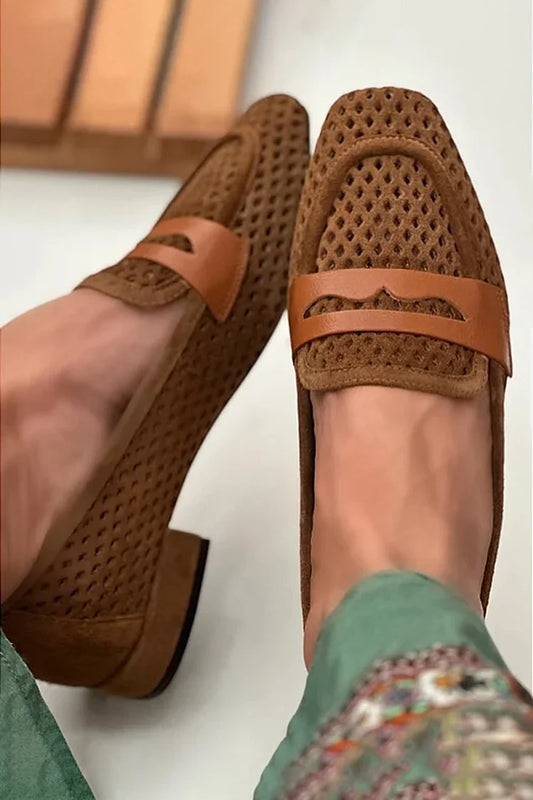 Ausgehöhlte Patchwork-Loafer mit quadratischer Spitze in Braun [Vorbestellung]