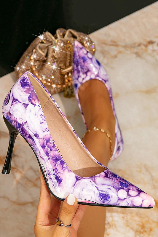 Eleganti scarpe con tacco a spillo slip-on a punta con stampa floreale