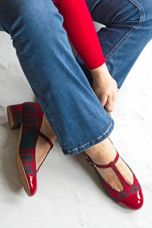 Xadrez Patchwork T-Strap Fivela Salto Robusto Vermelho [Pre Order]