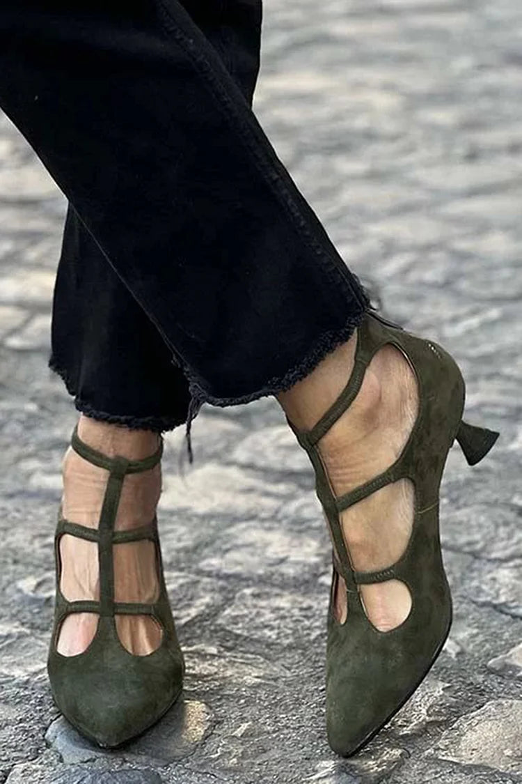 Matte Hollow Out Ankle Strap Pointed Toe Green Kitten Heels [Pre Order]