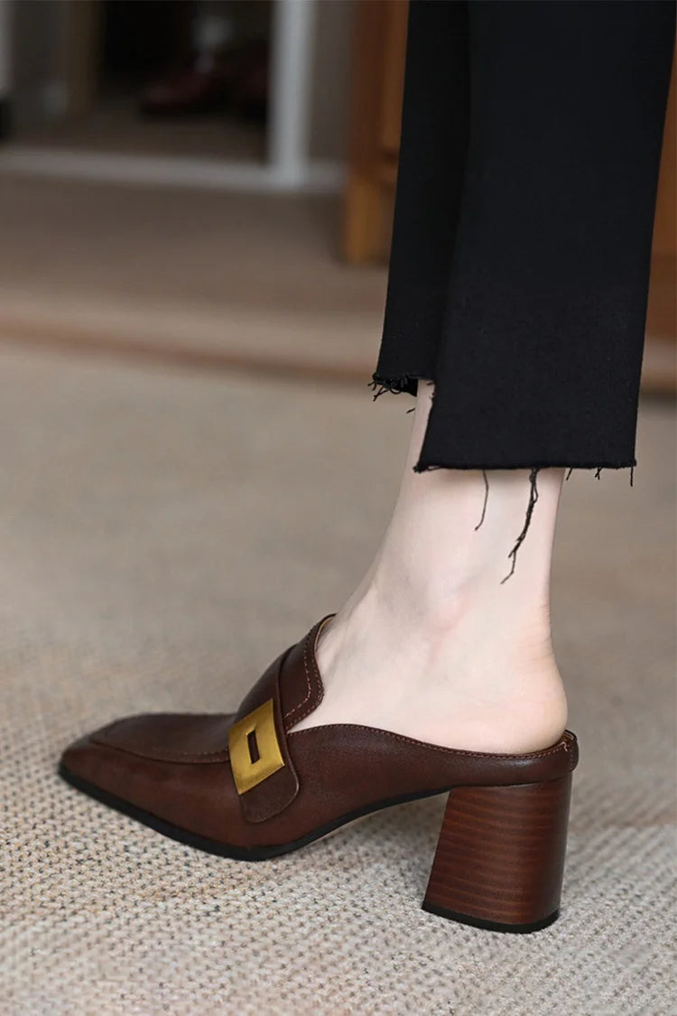 Patchwork Metal Buckle Decor Square Toe Slip On Mules Heels