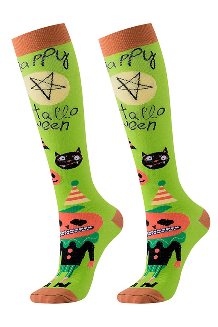 Calcetines por encima de la pantorrilla con estampado de calavera, calabaza y fantasma de Happy Halloween 