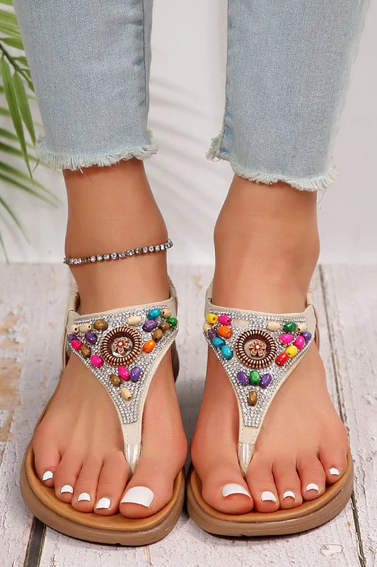 Boho Bunte Perlen Strass Flip Flops Gummiband Sandalen