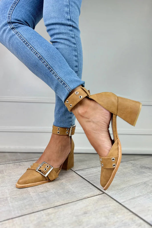 Pointed Toe Ankle Strap Buckle Khaki Chunky Heels [Pre Order]