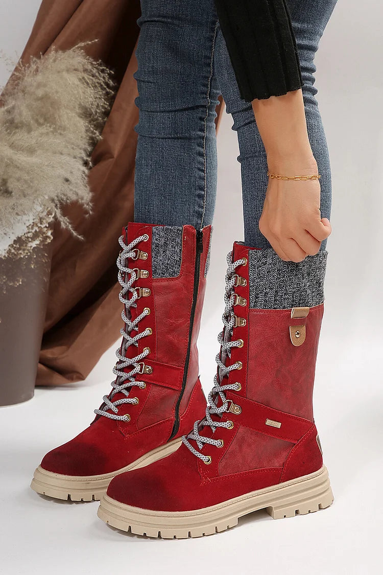 Patchwork Round Toe Low Block Heel Lace Up Mid Calf Boots