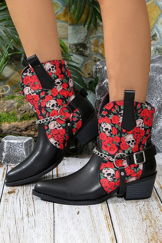 Ankle Boots mit Rosen-Schädelmuster und Kettendekor und spitzer Zehenpartie mit klobigem Absatz