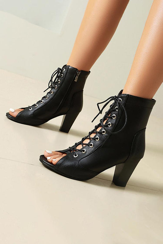 Sandali con punta aperta, tacco grosso, lacci e cerniera, tinta unita, patchwork 