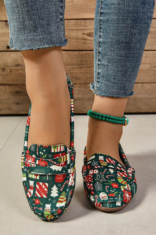 Mocassins casuais com estampa de Natal em patchwork com bico redondo