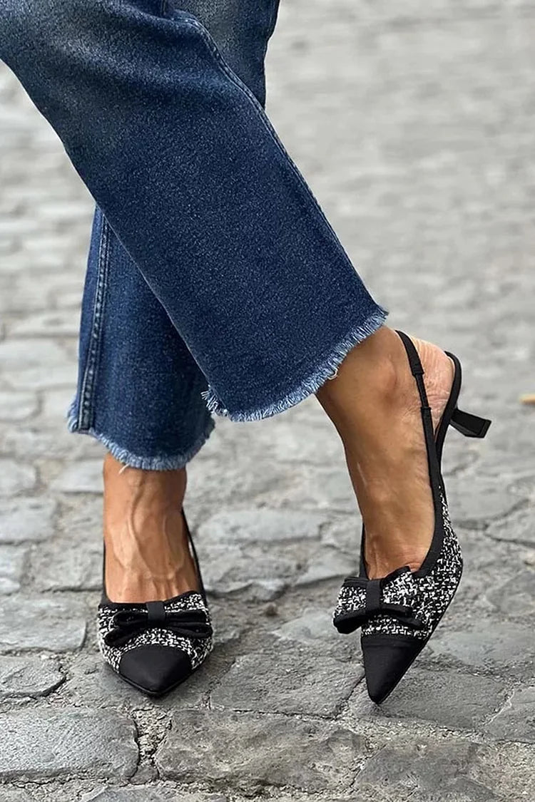 Schwarze Stiletto-Absätze im Farbblock-Design mit Schleifendekor und spitzer Zehenpartie [Pre Order]