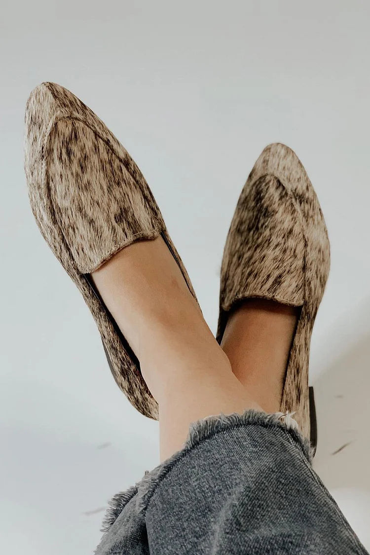 Pointed Toe Smudge Print Khaki Leather Loafers [Pre Order]