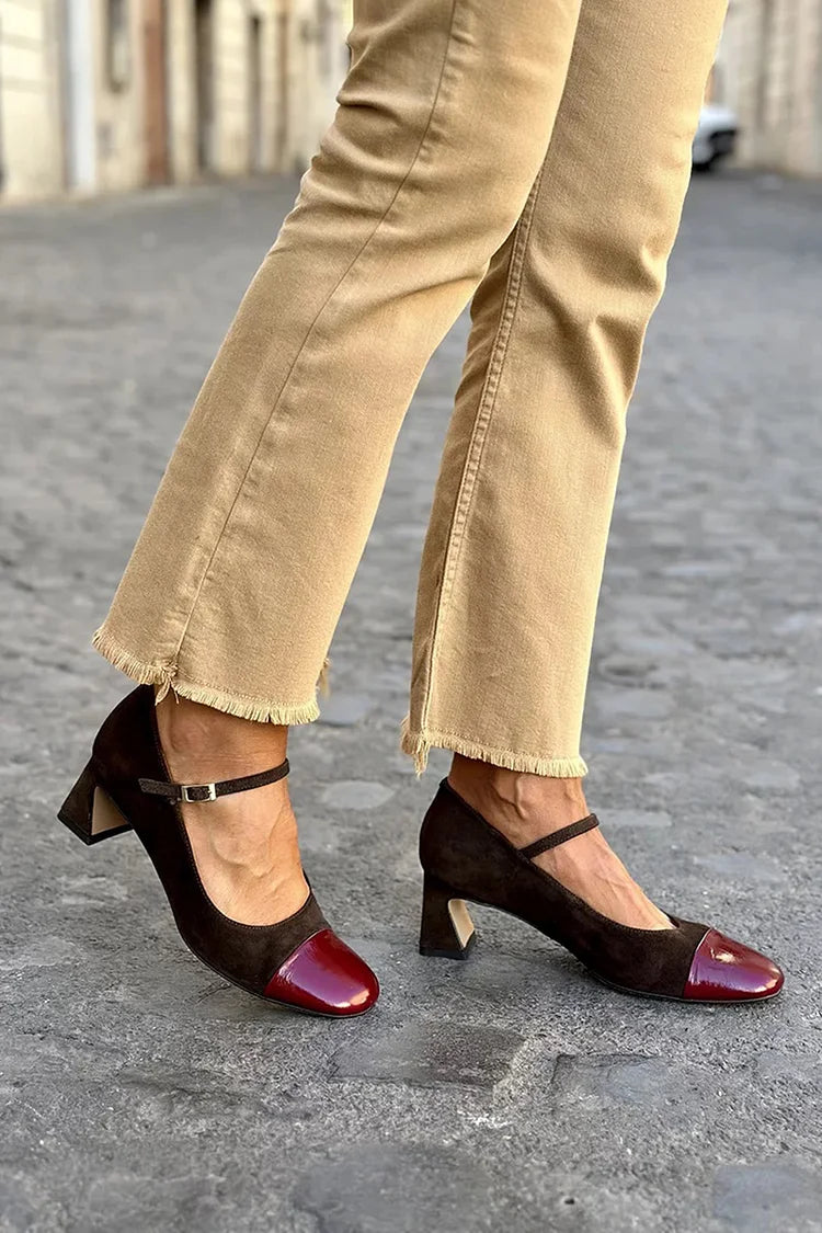 Instep Strap Buckle Colorblock Dark Brown Chunky Heels [Pre Order]