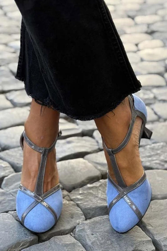 Contrast Binding Patchwork Ankle Strap Blue Casual Heels [Pre Order]