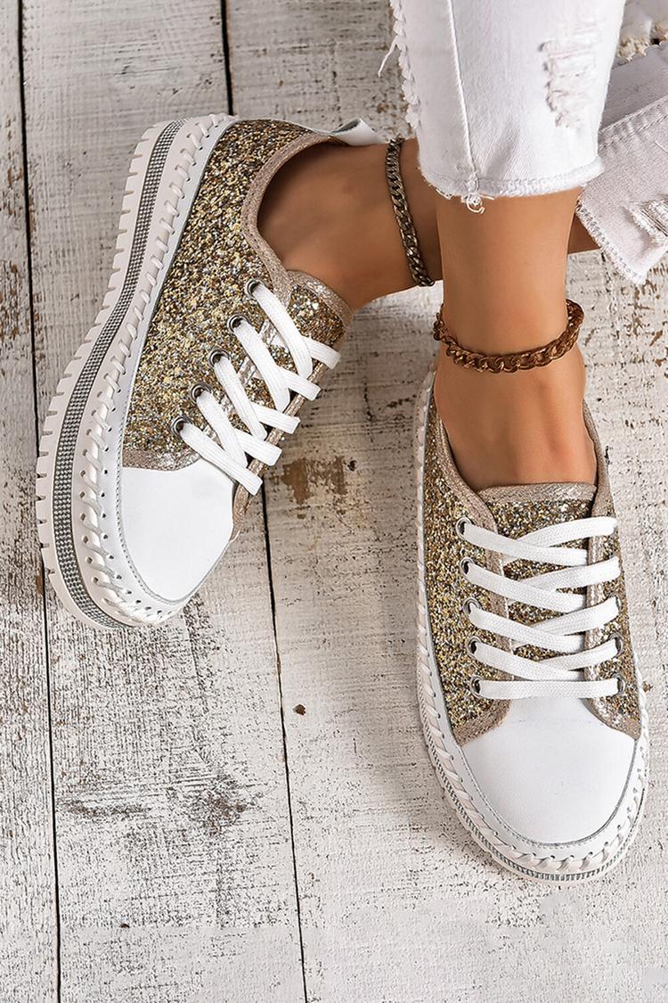 Sneakers casual con lacci e punta tonda con patchwork scintillante e dettagli cuciti 