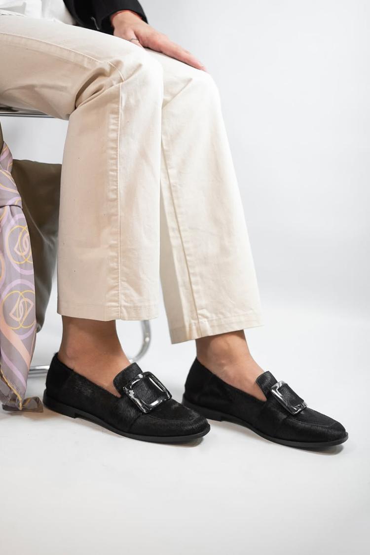 Patchwork Strap Buckle Square Toe Black Loafers [Pre Order]