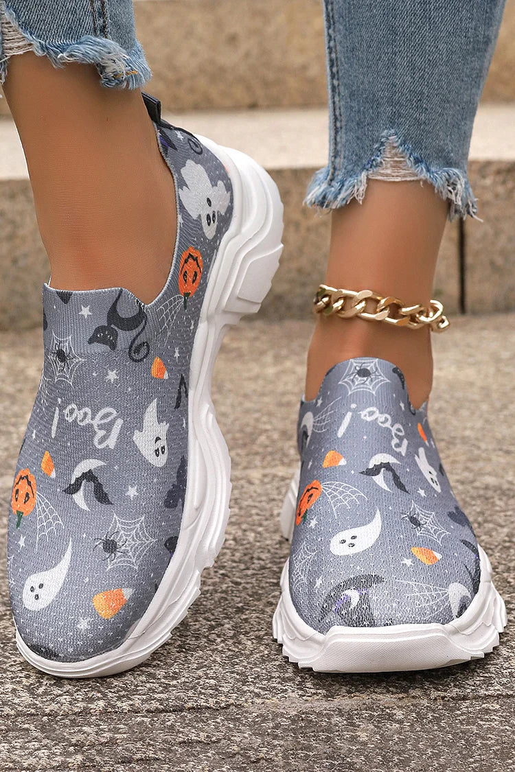 Happy Halloween Floral Skulls Ghost Pumpkin Spider Web Print Slip On Sneakers