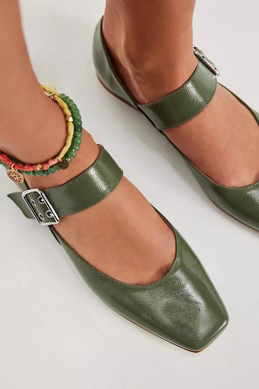 Solid Color Square Toe Instep Strap Buckle Army Green Flats [Pre Order]