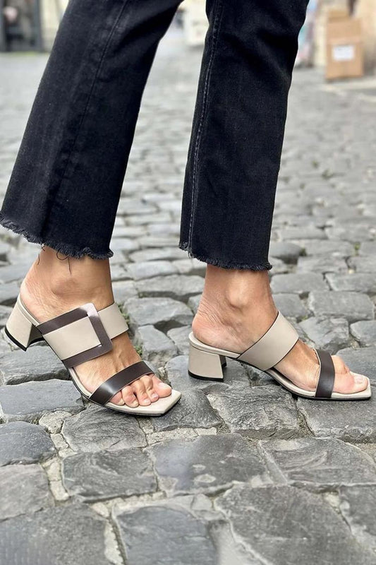 Patchwork Farblich abgestimmte quadratische Zehen Beige Slides Sandalen Absätze [Vorbestellung]