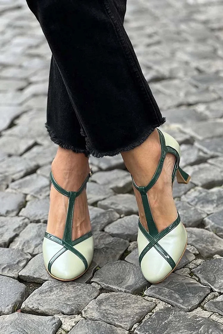 Scarpe col tacco a spillo verde chiaro con cinturino a T e patchwork con fibbia [Pre-ordine]
